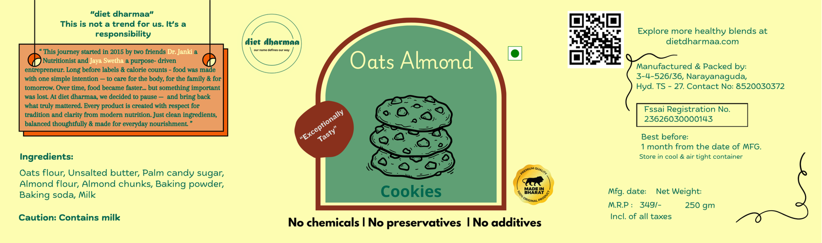 Oats Almond Cookies – Gluten Free, Maida Free, Handcrafted Healthy Butter Cookies | Diet Dharmaaa - 250 GM